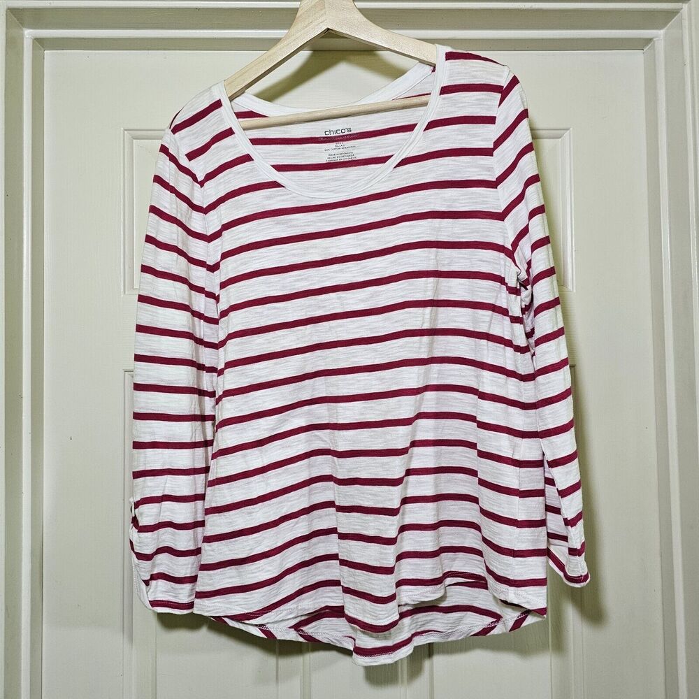 Chico's Ultimate Tee Women’s 2 US L T-Shirt Slub Knit 3/4 Tab Sleeves White Pink